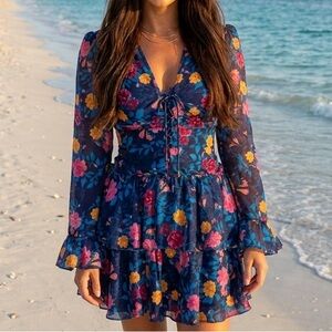 Finders Keepers Floral Ruffle Lace-Up Mini Dress in Small
